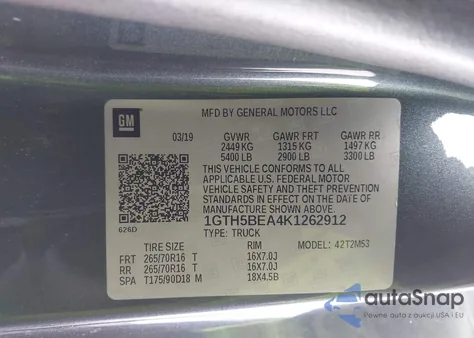 2019 GMC Canyon из США, поврежденный, VIN 1GTH5BEA4K1262912